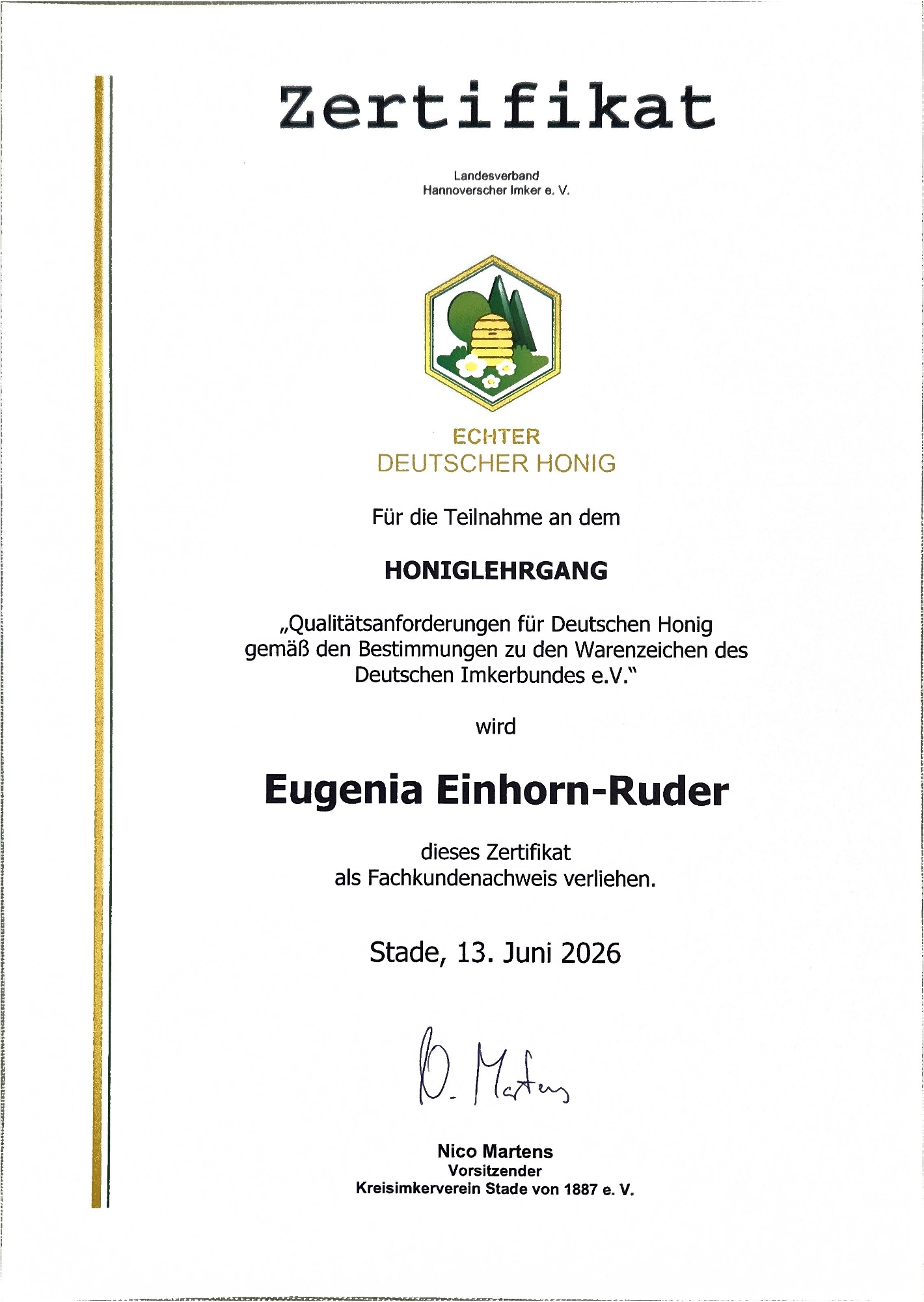 TN. Zertifikat Eugenia